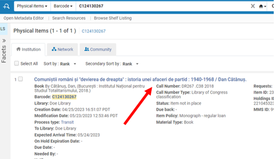 A brief record of a physical item in Alma with an arrow pointing to the call number display.