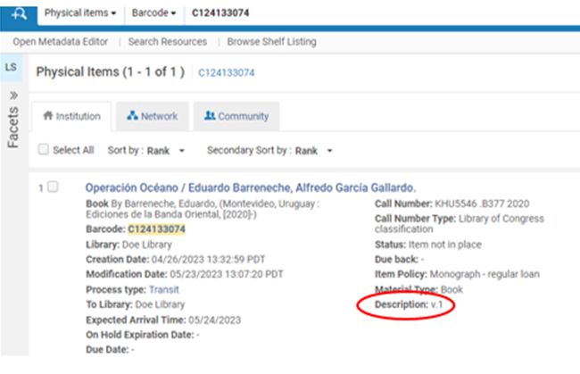 A brief record of a physical item in Alma with a circle around the Description of the volume number.